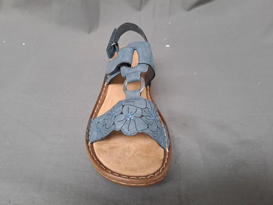 BOXED PAIR OF RIEKER OPEN TOE SANDALS IN BLUE EU SIZE 38