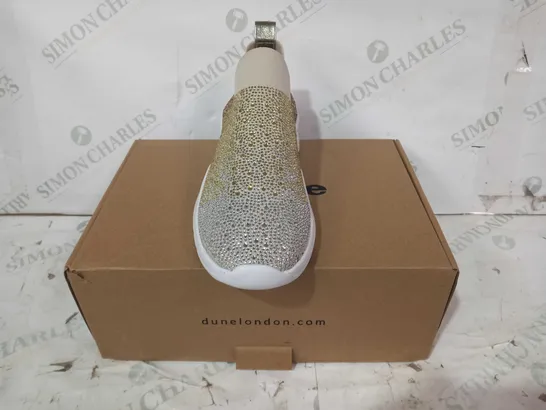 BOXED PAIR OF DUNE LONDON ELIXIR SLIP-ON SHOES IN GOLD COLOUR W. JEWEL EFFECT EU SIZE 37