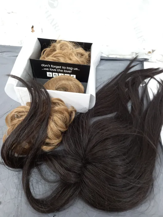 APPROXIMATELY 20 ASSORTED EASILOCKS PRODUCTS TO INCLUDE HAIR SCRUNCHIES, HAIR TOPPERS ALL IN VARIOUS IN COLOURS