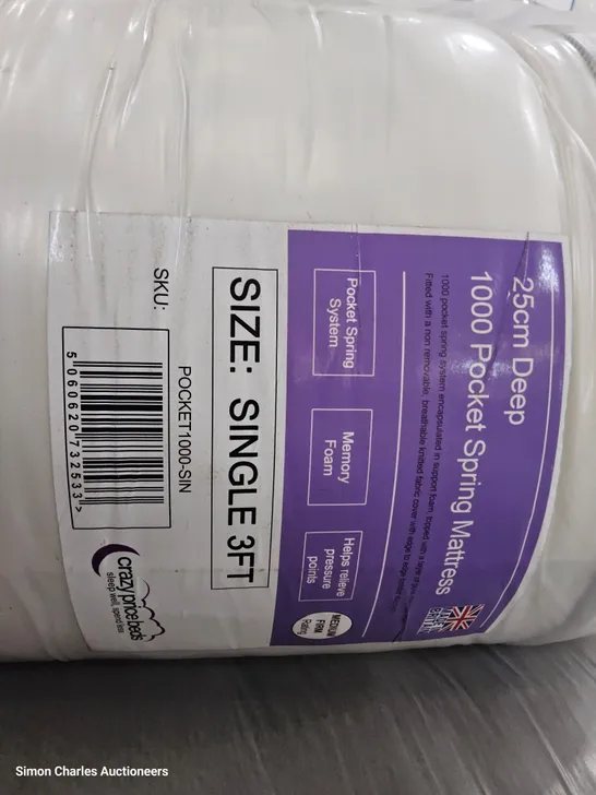 BAGGED & ROLLED 3' SINGLE 1000 POCKET SPRUNG MATTRESS