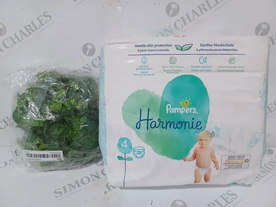 BOX OF APPROXIMATELY 8 ASSORTED HOUSEHOLD ITEMS TO INCLUDE PAMPERS HARMONIE, DECORATIVE FAUX FOLIAGE, ETC