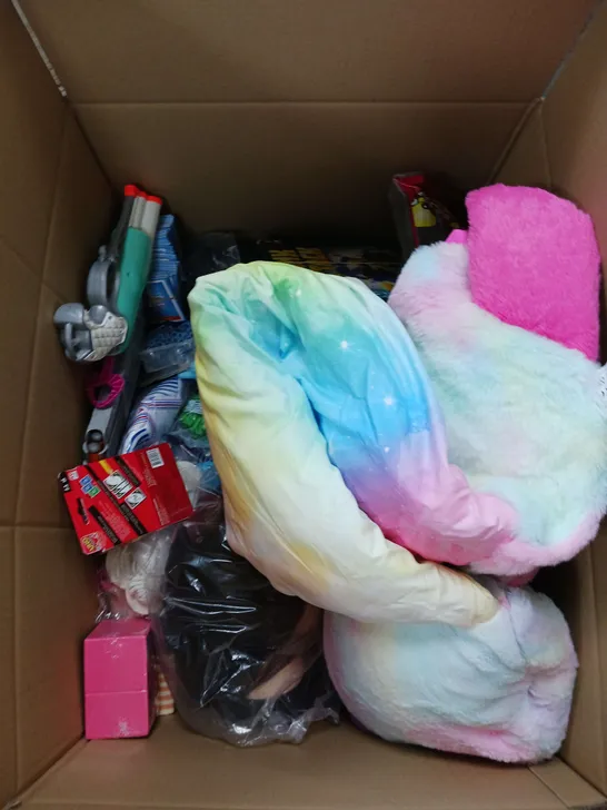 LARGE BOX OF ASSORTED TOYS AND GAMES TO INCLUDE TEDDIES, POKEMON AND BALLOONS