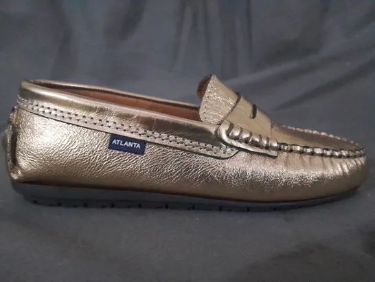 BOXED PAIR OF ATLANTA MOCCASIN SLIP-ON SHOES IN METALLIC GOLD EU SIZE 33