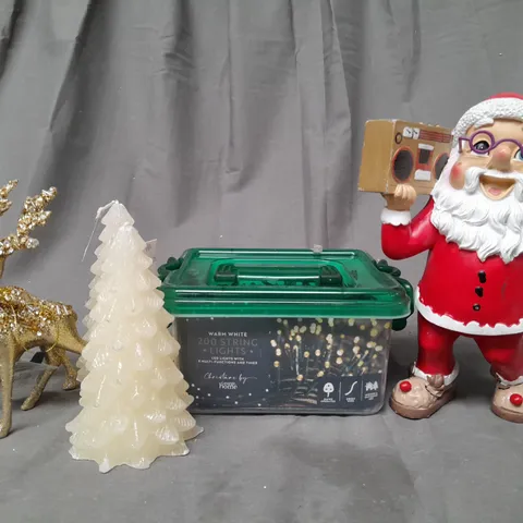 LARGE ASSORTMENT OF FESTIVE HOUSEHOLD AND DECORATIVE ITEMS TO INCLUDE SANTA MUSIC GNOME, STRING LIGHTS, FESTIVE TREE UNSCENTED CANDLE, ETC - COLLECTION ONLY