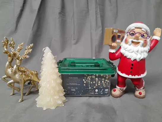 LARGE ASSORTMENT OF FESTIVE HOUSEHOLD AND DECORATIVE ITEMS TO INCLUDE SANTA MUSIC GNOME, STRING LIGHTS, FESTIVE TREE UNSCENTED CANDLE, ETC - COLLECTION ONLY