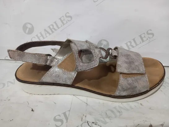 BOXED PAIR OF RIEKER MULTI-STRAP SANDALS IN METALLIC SILVER EU SIZE 39