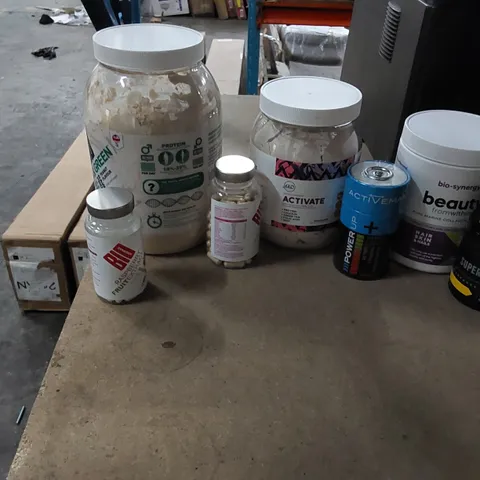 BOX OF ASSORTED PROTEIN POWDERS AND VITAMINS 