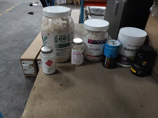 BOX OF ASSORTED PROTEIN POWDERS AND VITAMINS 