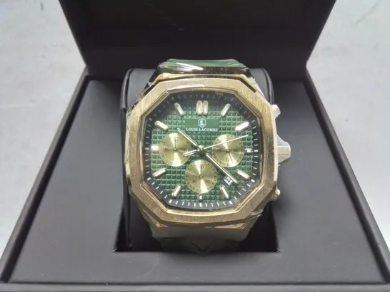 LOUIS LACOMBE GENTS STAINLESS STEEL CHRONOGRAPH WATCH WITH GREEN RUBBER STRAP IN GIFT BOX