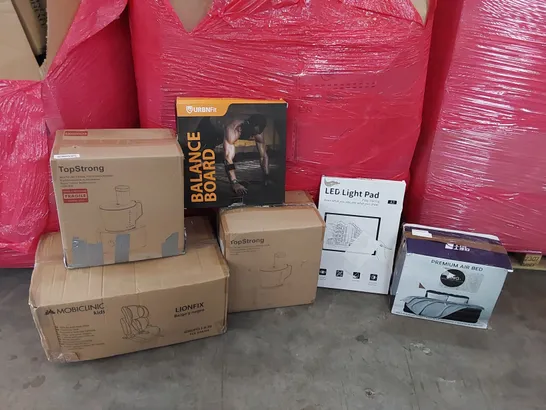 PALLET OF ASSORTED CONSUMER GOODS AND FURNITURE PRODUCTS TO INCLUDE; MULTIFUNCTIONAL FOOD PROCESSORS, PREMIUM AIR BED, KID'S CAR SEAT, LED LIGHT PAD, BALANCE BOARD ECT.