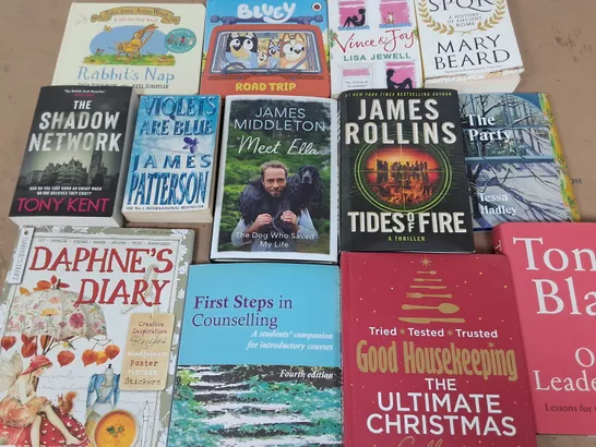 LARGE QUANTITY OF ASSORTED BOOKS TO INCLUDE JAMES ROLLINGS TIDES OF FIRE, GOOD HOUSEKEEPING ULTIMATE CHRISTMAS AND VARIOUS KIDS BOOKS