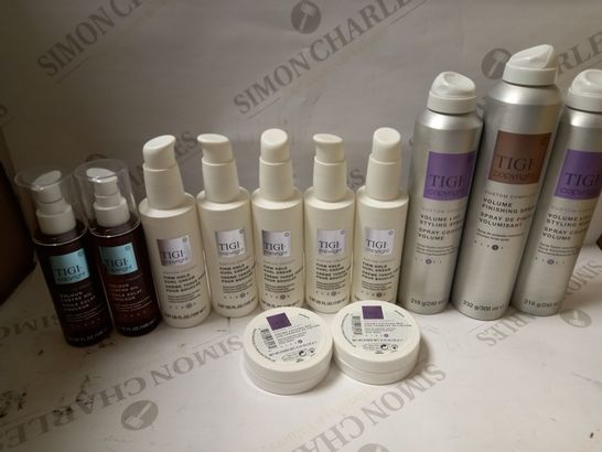 LOT OF APPROX 12 ASSORTED TIGI COPYRIGHT HAIRCARE PRODUCTS TO INCLUDE STYLING SPRAY, CURL CREAM, COLOUR LUSTRE OIL, ETC