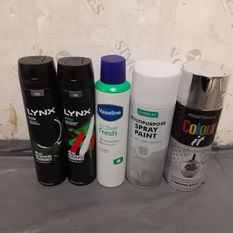 APPROXIMATELY 5 ASSORTED AEROSOL CANS TO INCLUDE LYNX, VASELINE AND SPRAY PAINTS - COLLECTION ONLY