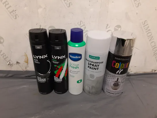 APPROXIMATELY 5 ASSORTED AEROSOL CANS TO INCLUDE LYNX, VASELINE AND SPRAY PAINTS - COLLECTION ONLY