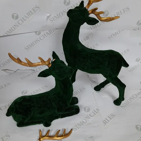 ALISON CORK SET OF 2 VELVET STAGS IN GREEN AND GOLD