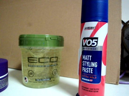 LOT OF APPROX. 6 HAIR PRODUCTS TO INCLUDE:  RED ONE - VIOLETTA AQUA HAIR GEL WAX, ECO STYLE - OLIVE OIL STYLING GEL, V05 MATT SYLING PASTE ULTRA HOLD