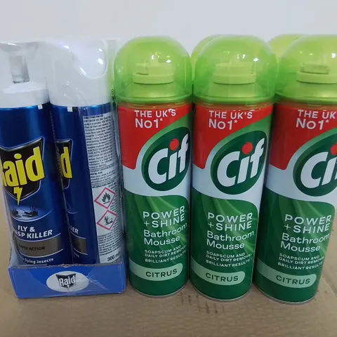 LOT OF ASSORTED HOME AEROSOLS TO INCLUDE AIRWICK FLY KILLER AND CIF BATHROOM MOUSSE