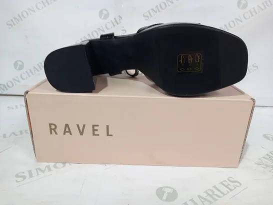 BOXED PAIR OF RAVEL OPEN TOE BLOCK HEELS IN BLACK UK SIZE 6