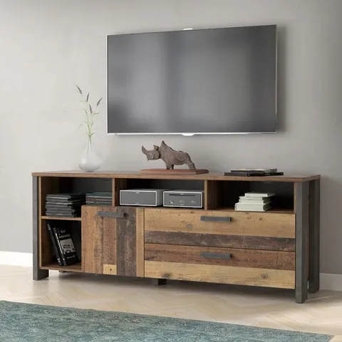 BOXED LANHAM TV LOWBOARD STAND FOR TVS UP TO 70" - DARK GREY CONCRETE EFFECT/OLD VINTAGE WOOD  (3 BOXES)