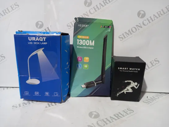 BOX OF APPROXIMATELY 5 ASSORTED HOUSEHOLD ITEMS TO INCLUDE UNBRANDED SMART WATCH, WIRELESS USB3.0 ADAPTER, URAQT LED DESK LAMP, ETC