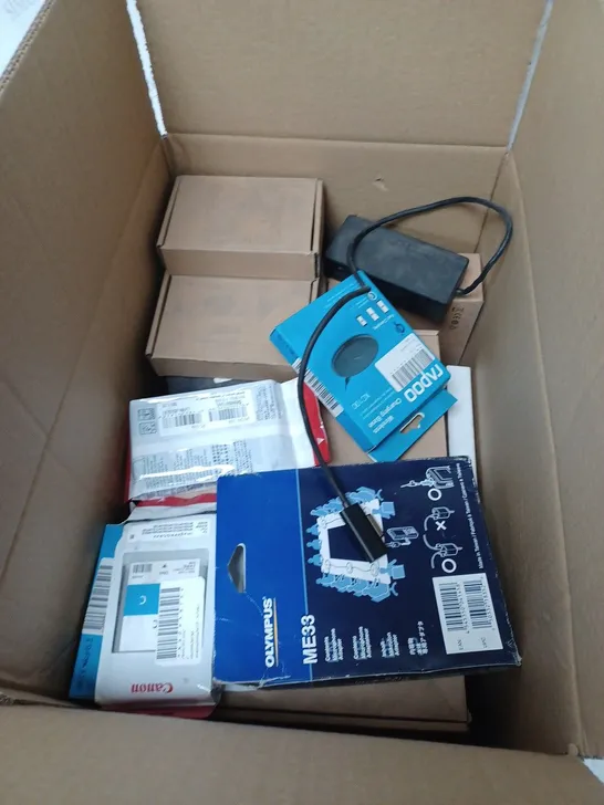 BOX OF ASSORTED ELECTRICAL ITEMS TO INCLUDE MONITOR BRACKETS, HOME TELEPHONE, HEADSETS ETC 