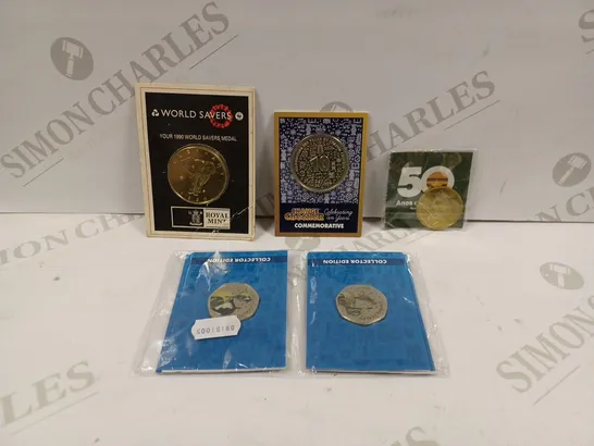 BOX TO CONTAIN APPROX. 7 X ASSORTED COLLECTORS & COMMEMORATIVE COINS & MEDALS. DESIGNS VARY 