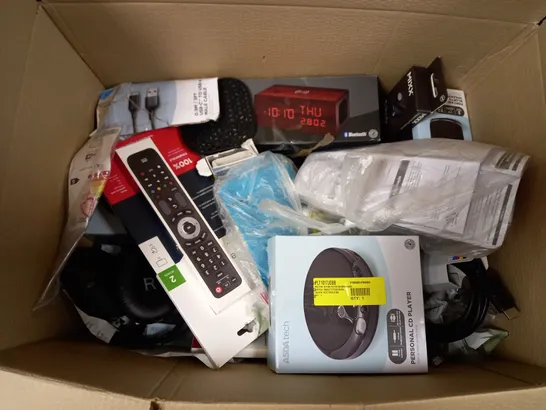 BOX OF APPROXIMATELY 30 ASSORTED ELECTRICALS TO INCLUDE PERSONAL CD PLAYER, ONE FOR ALL UNIVERSAL REMOTE EVOLVE, MIXX TRIBUTE IN EAR EARPHONES, ETC