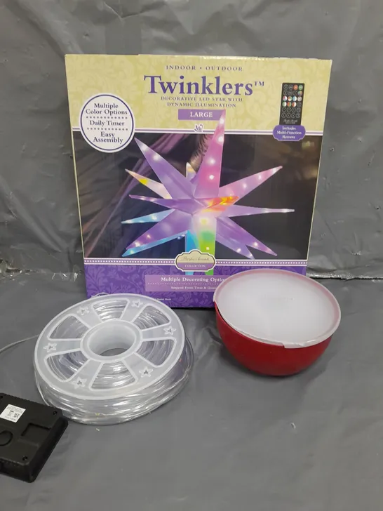 APPROXIMATELY 10 ASSORTED HOUSEHOLD PRODUCTS TO INCLUDE TWINKLERS LED STAR, LED STRING LIGHTS, MICROWAVEABLE BOWL ETC 