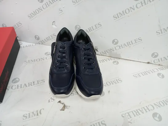 BOXED PAIR OF RUTH LANGSFORD WEDGE TRAINERS IN NAVY SIZE 6