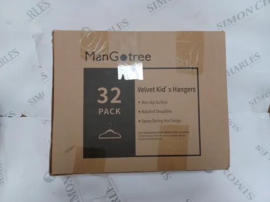 BOX OF APPROXIMATELY 32 MANGOTREE VELVET KIDS HANGERS