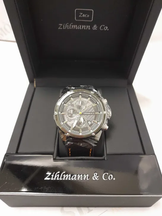 ZIHLMANN & CO GREY TRIPLE DIAL BLACK LEATHER STRAP WATCH