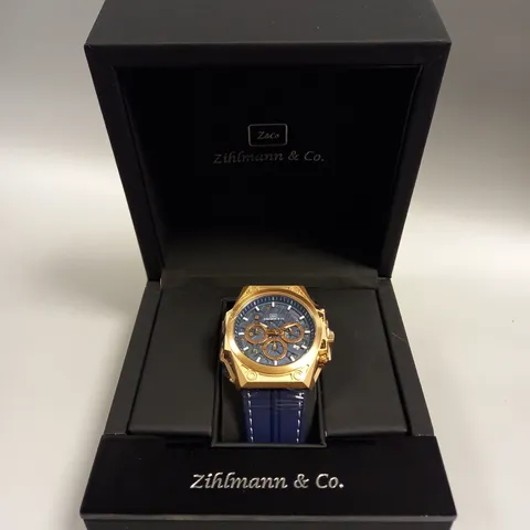 MEN’S ZIHLMANN & CO CHRONOGRAPH WATCH – MODEL ZC100 – STAINLESS STEEL CASE – BLUE DIAL WITH SUB DIALS – 5ATM WATER RESISTANT – BLUE STRAP