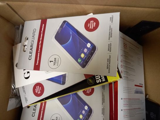 BOX OF APPROX 20 ASSORTED SCREEN PROTECTORS, ASSORTED PHONE BATTERIES AND ASSORTED PHONE CASES