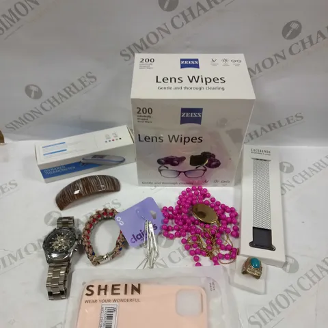 BOX OF APPROXIMATELY 20 ASSORTED HOUSEHOLD AND JEWELLERY ITEMS TO INCLUDE COSTUME NECKLACE, CHRONOGRAPH WATCH, INFRARED THERMOMETER ETC 