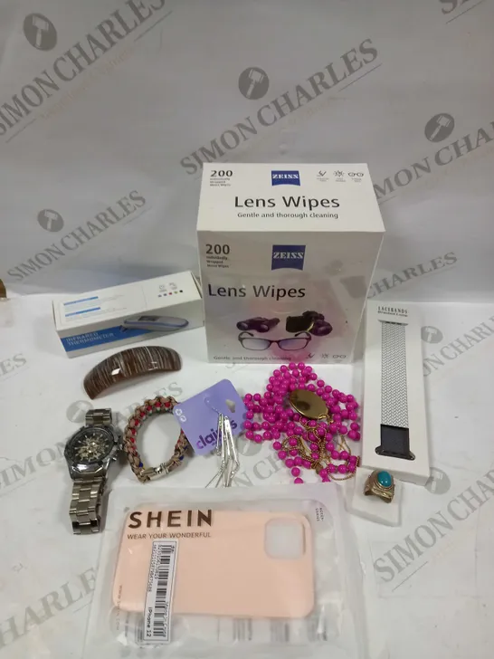 BOX OF APPROXIMATELY 20 ASSORTED HOUSEHOLD AND JEWELLERY ITEMS TO INCLUDE COSTUME NECKLACE, CHRONOGRAPH WATCH, INFRARED THERMOMETER ETC 