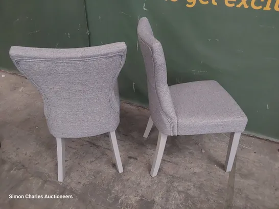 PAIR OF UPHOLSTERED BUTTONED BACK DINING CHAIRS GREY FABRIC ON GREY PAINTED LEGS 