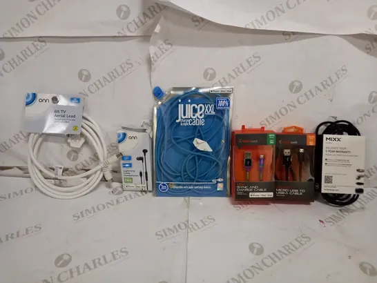 BOX OF APPROX 20 ASSORTED ITEMS TO INLCUDE - JUICE XXL - 6FT TV AERIAL - ONN EARPHONES ECT