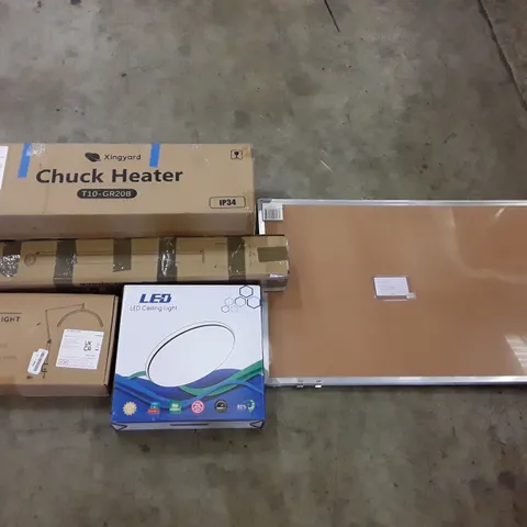 PALLET OF ASSORTED PRODUCTS INCLUDING CHUCK HEATER, LED CEILING LIGHT, SMART MOON LIGHT, MULTI-USE RETRACTABLE GATE, CORKBOARD