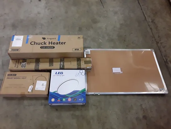 PALLET OF ASSORTED PRODUCTS INCLUDING CHUCK HEATER, LED CEILING LIGHT, SMART MOON LIGHT, MULTI-USE RETRACTABLE GATE, CORKBOARD