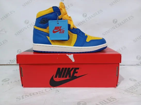 BOXED PAIR OF NIKE AIR JORDAN RETRO 1 HI SHOES IN YELLOW/BLUE UK SIZE 6