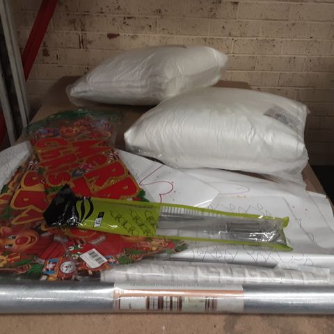 LARGE PALLET OF ASSORTED ITEMS TO INCLUDE A BED PILLOW, A ROLL OF 400CM SHACKDOWN WINDOW FILM INSTALLATION AND STAINLESS STEEL SKEWER SET