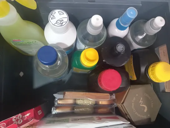 BOX OF APPROXIMATELY 10 ASSORTED HOUSEHOLD ITEMS TO INCLUDE ELBOW GREASE ALL PURPOSE DEGREASER, EVO-STIK WOOD GLUE, MILTON BABY BOTTLE CLEANER, ETC - COLLECTION ONLY