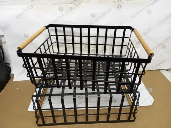 METAL AND BAMBOO STYLE HANDLE STORAGE BASKETS x2