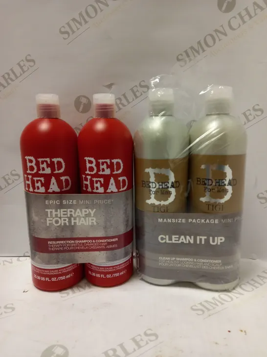 LOT OF 4 X 750ML BEDHEAD PRODUCTS TO INCLUDE RESURRECTION SHAMPOO & CONDITIONER + FOR MEN SHAMPOO & CONDITIONER