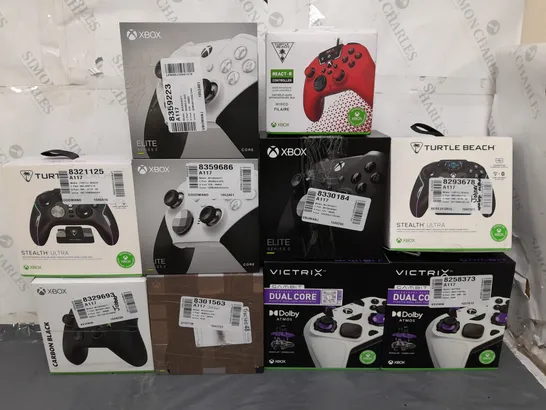 10 ASSORTED BOXED XBOX CONTROLLERS IN VARIOUS COLOURS AND TYPES TO INCLUDE MICROSOFT, TURTLE BEACH, VICTRIX, ETC