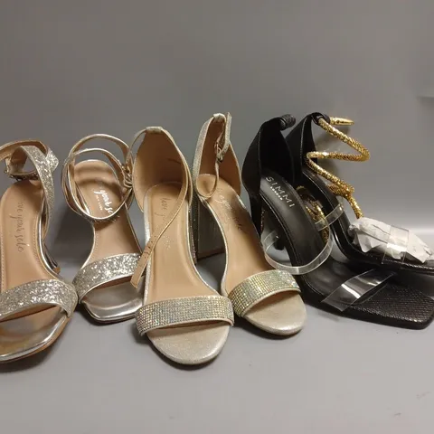 3 PAIRS OF HEELED SANDALS TO INCLUDE NEW LOOK AND SIMMI BRANDS IN UK SIZES 5 AND 6