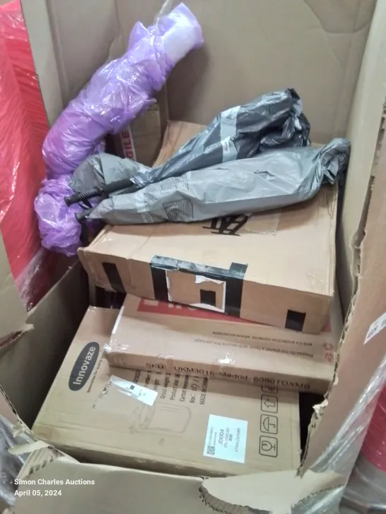 PALLET OF ASSORTED HOUSEHOLD GOODS AND PRODUCTS TO INCLUDE; WOLVERINE CROSS CUT PAPER SHREDDER, OIL FILLED RADIATOR, INDUCTION HOB, BOXED FURNITURE ETC 