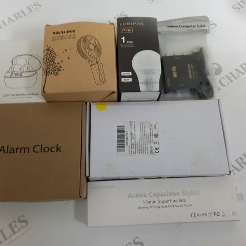 LOT OF 7 ASSORTED TECH ITEMS TO INCLUDE ALARM CLOCK, CURTAIN LIGHTS AND TWS EARBUDS