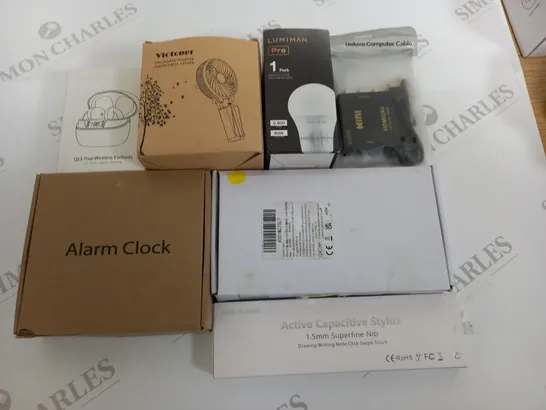 LOT OF 7 ASSORTED TECH ITEMS TO INCLUDE ALARM CLOCK, CURTAIN LIGHTS AND TWS EARBUDS