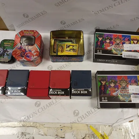 LOT OF ASSORTED CARD GAME GOODS TO INCLUDE VAULT X PREMIUM DECK BOX, YU-GI-OH LEGACY OF THE DUELIST BOX SET, AND POKEMON CARD CONTAINER ETC.